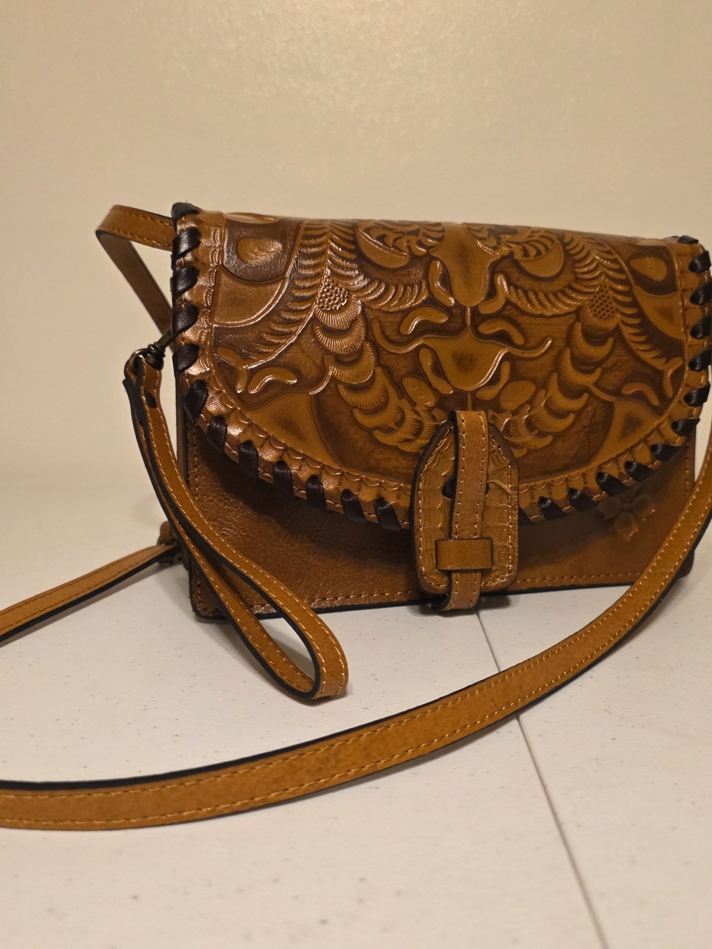 Patricia Nash Tooled Leather Crossbody in Cognac